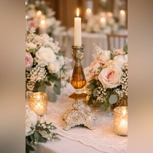 Vintage Baroque Candle Stick Votive Holder Amber Lucite Hollywood Regency